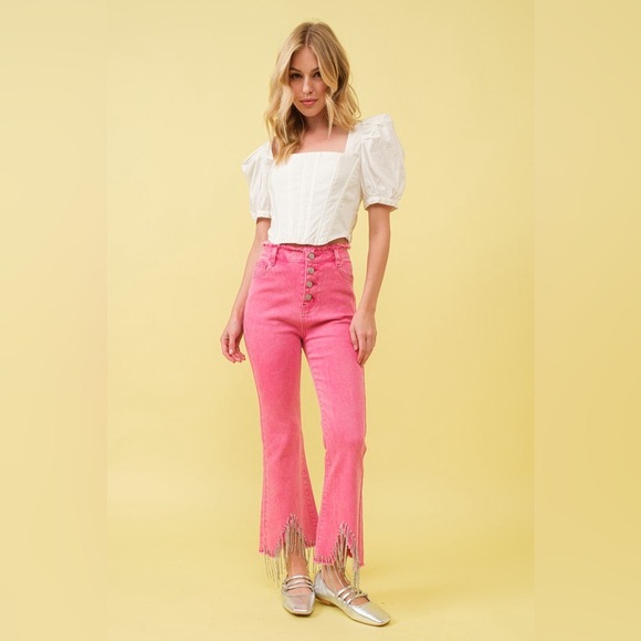 Rhinestone Fringe Jeans with Frayed Waist - Picture 4 of 6